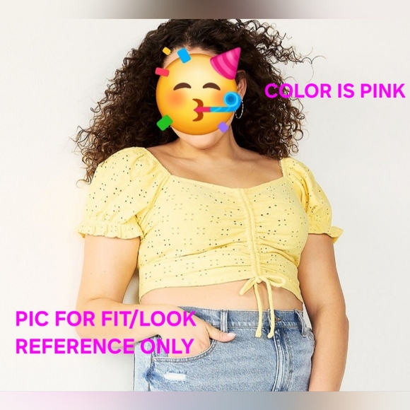 Plus Size Eyelet Crop Top Puff Sleeve Cinched Front Cute Comfy PINK 3X NWT - Picture 6 of 7